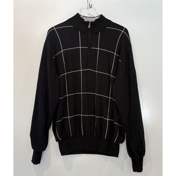 Footjoy Golf Black White Windowpane Plaid Wool‎ Quarter Zip Sweater Mens Medium - Picture 1 of 5